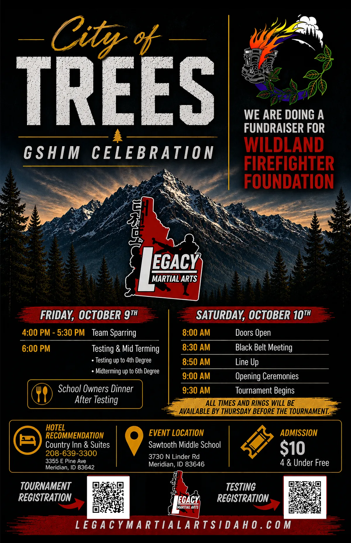 2026 City of Trees GSHIM Celebration event flyer with the full Friday and Saturday schedule, Sawtooth Middle School location, $10 admission, and registration QR codes